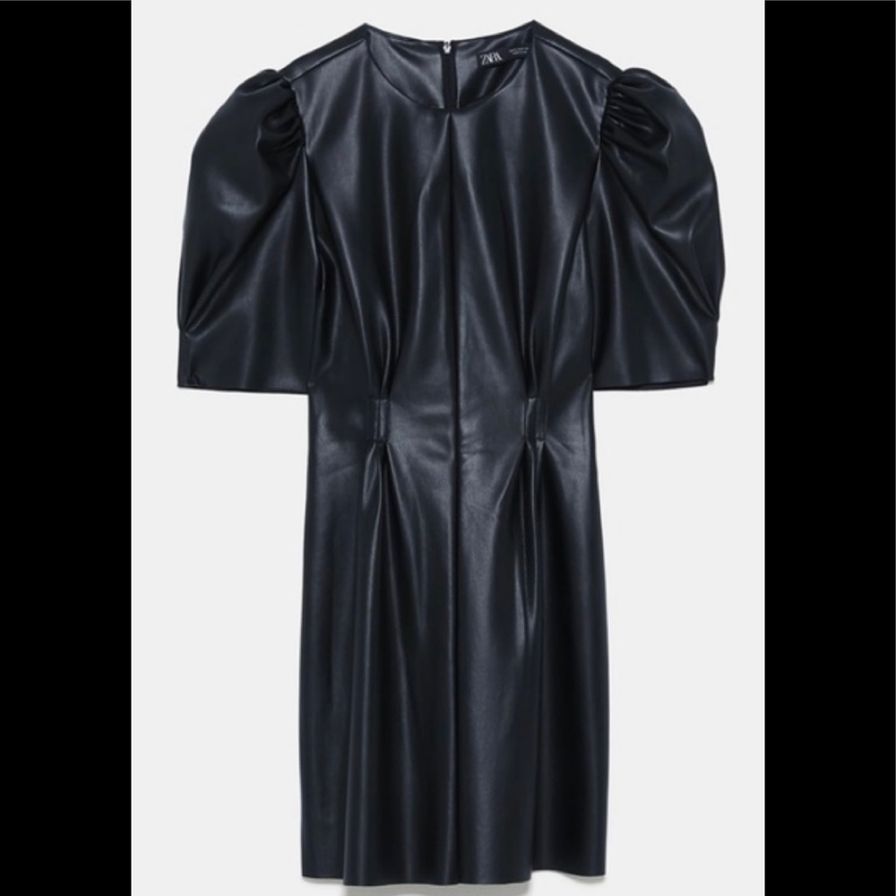 NWT Zara Black Faux Leather Puff Sleeve Dress
